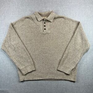 VTG 90s Eddie Bauer Cotton Knit Henley Fisherman Sweater Men L Tan USA Heritage